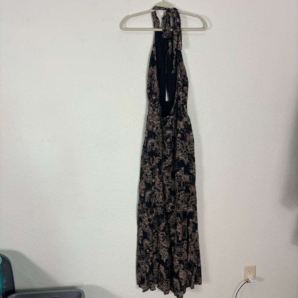 Free People Kissing Sunlight Halter Pants Jumpsuit Black w/ Brown Floral Medium - Picture 2 of 10